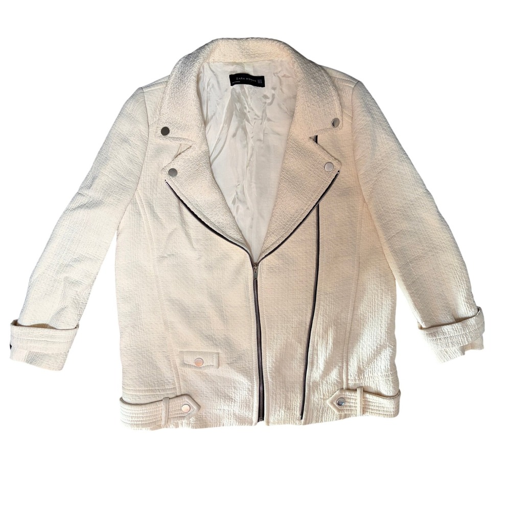 Zara Woman Cream Textured Cotton Moto Biker Jacket Off White XL 2282/852/712